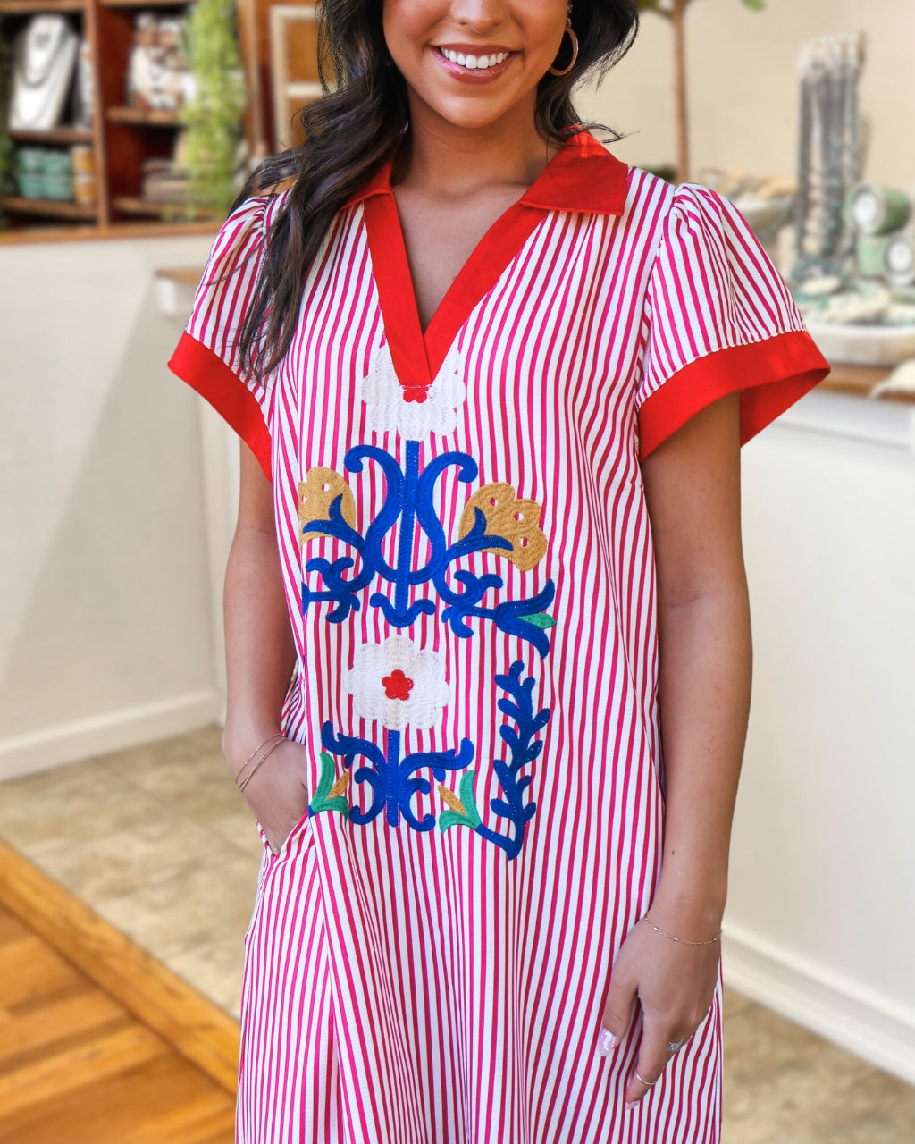 Retro Floral Embroidered Striped Dress