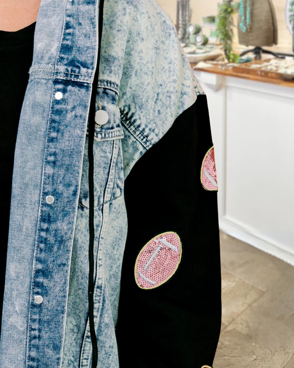 Football Sequin Patchwork Denim Jacket