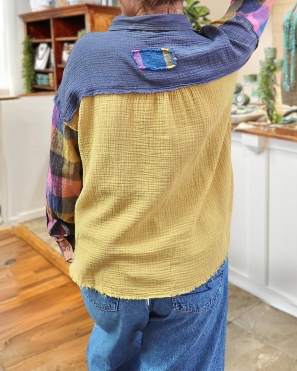 Plaid Patch Colorblock Shirt