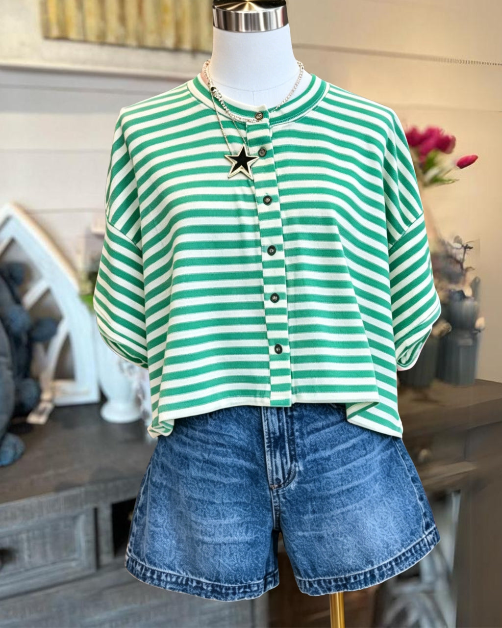 Striped Collins Button Tee