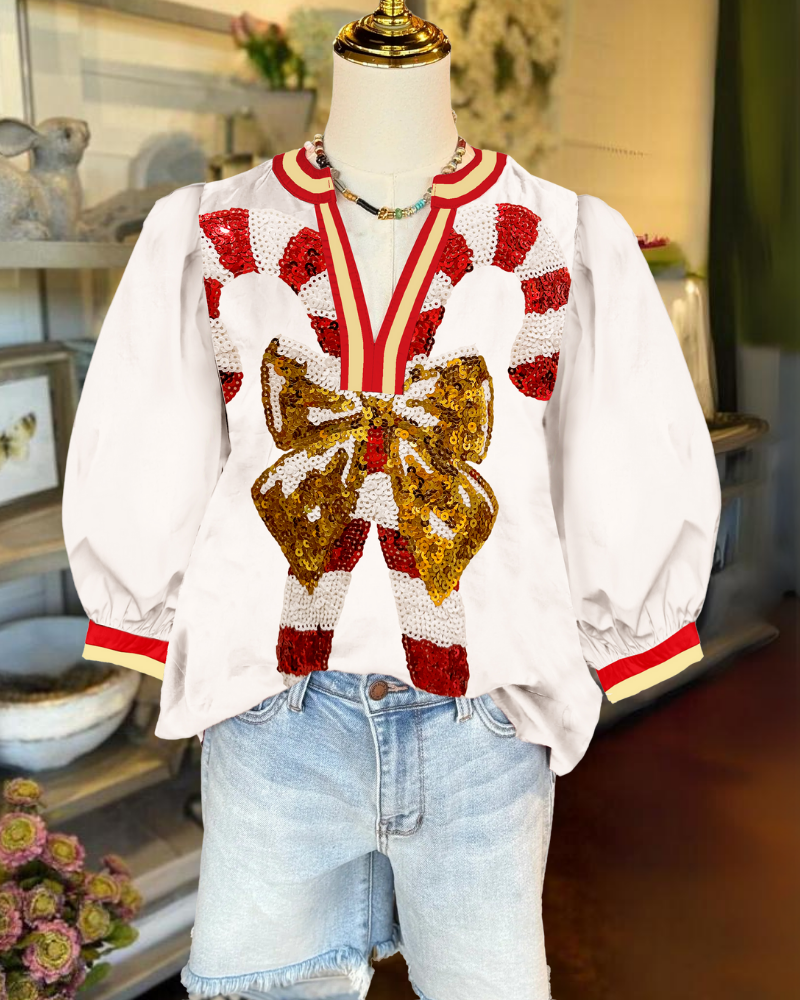 Christmas Candy Bow Satin Top