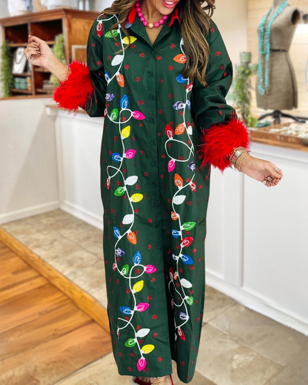 Colorful Christmas Lights Feather Satin Shirt Dress