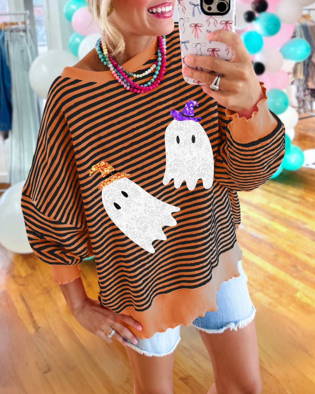 Sequin Ghost Striped Pullover
