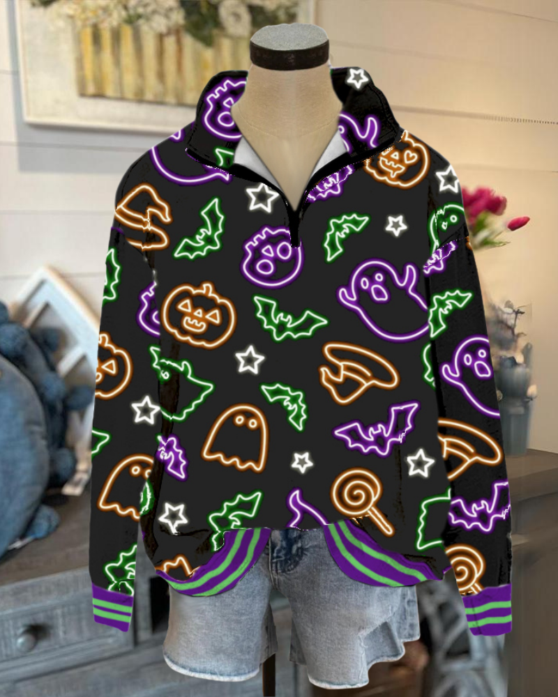 Halloween Neon Ghost Pumpkin Print Top