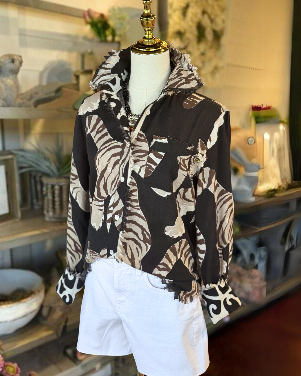 Tiger Print Raw-edge Shirt