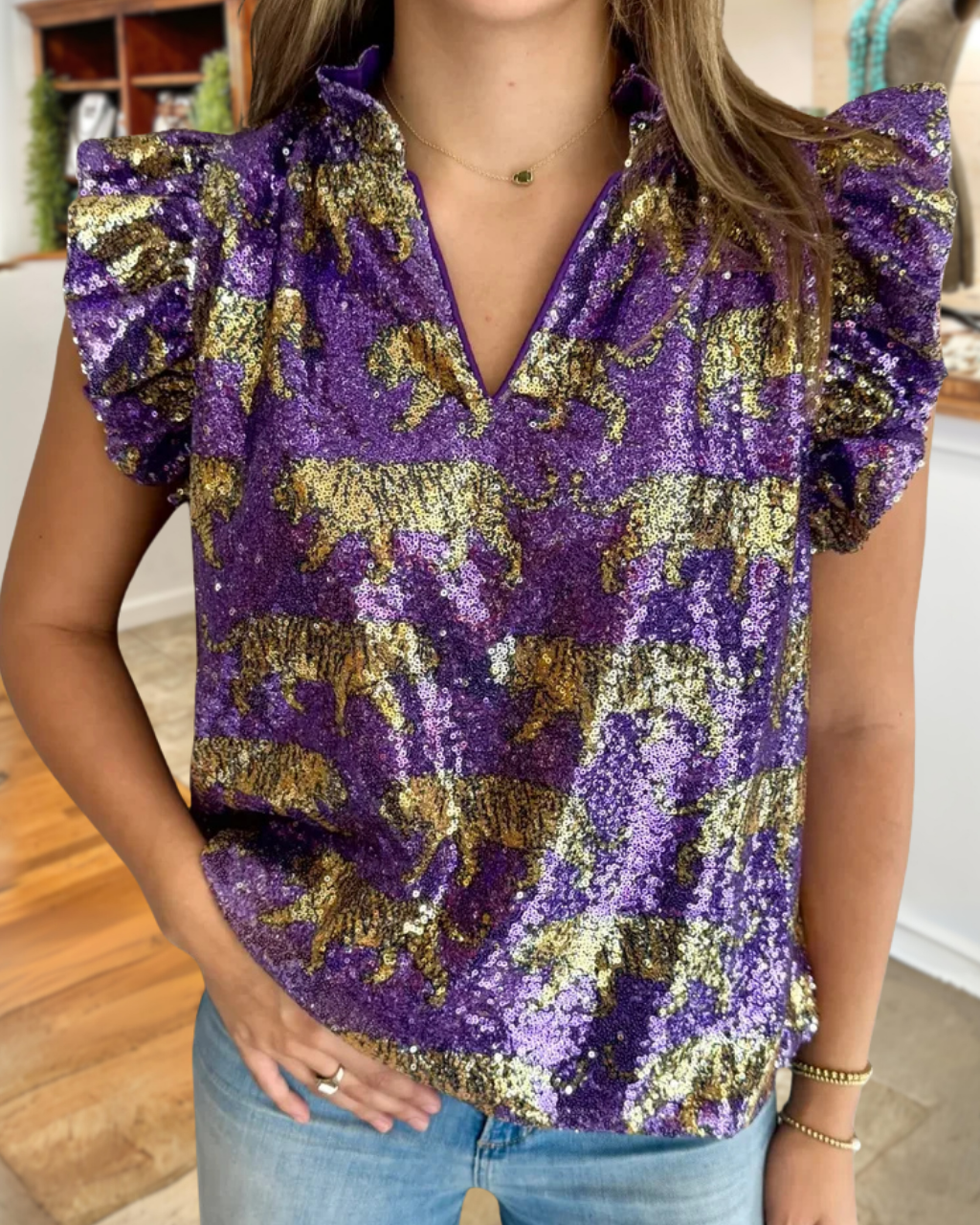 Shimmering Sequin Tiger V-Neck Top