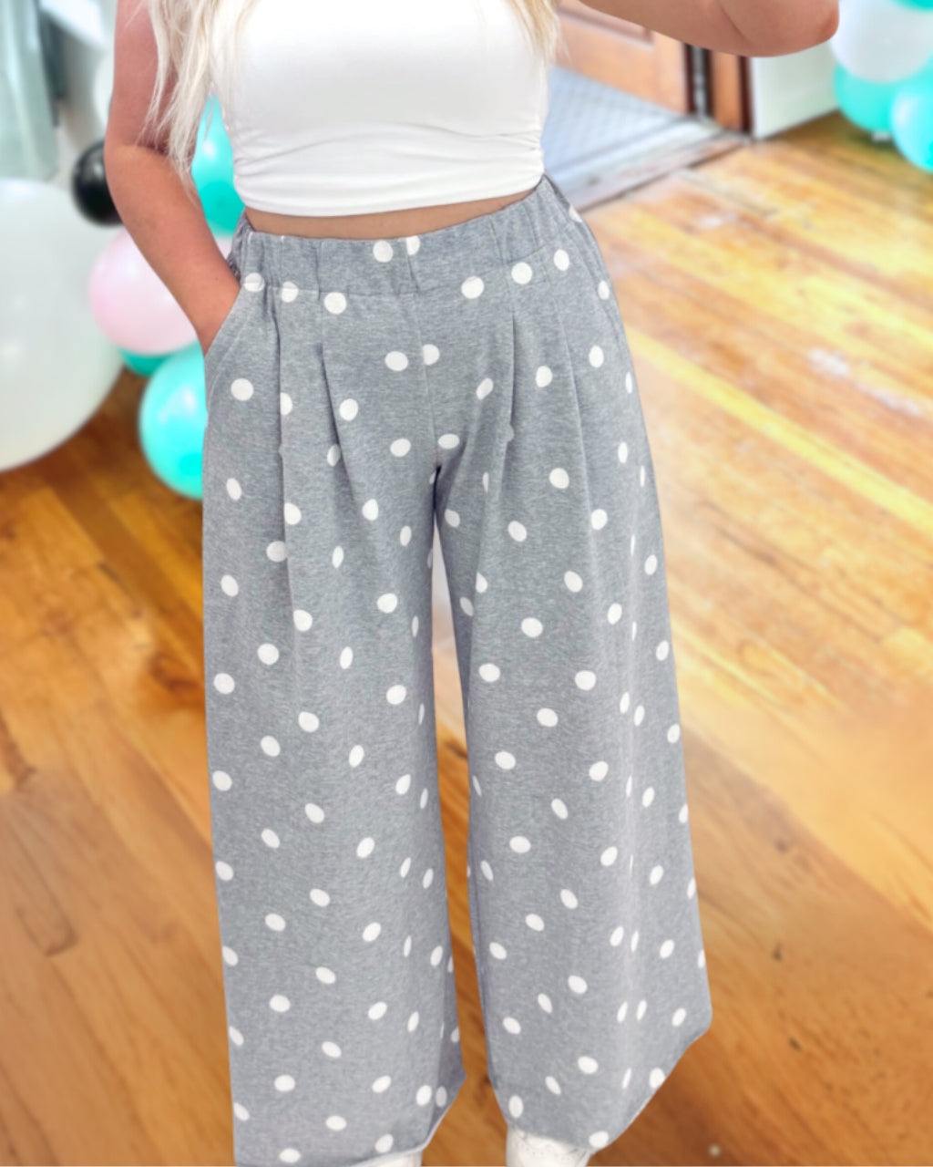 Pleated Polka Dot Wide Leg Pants