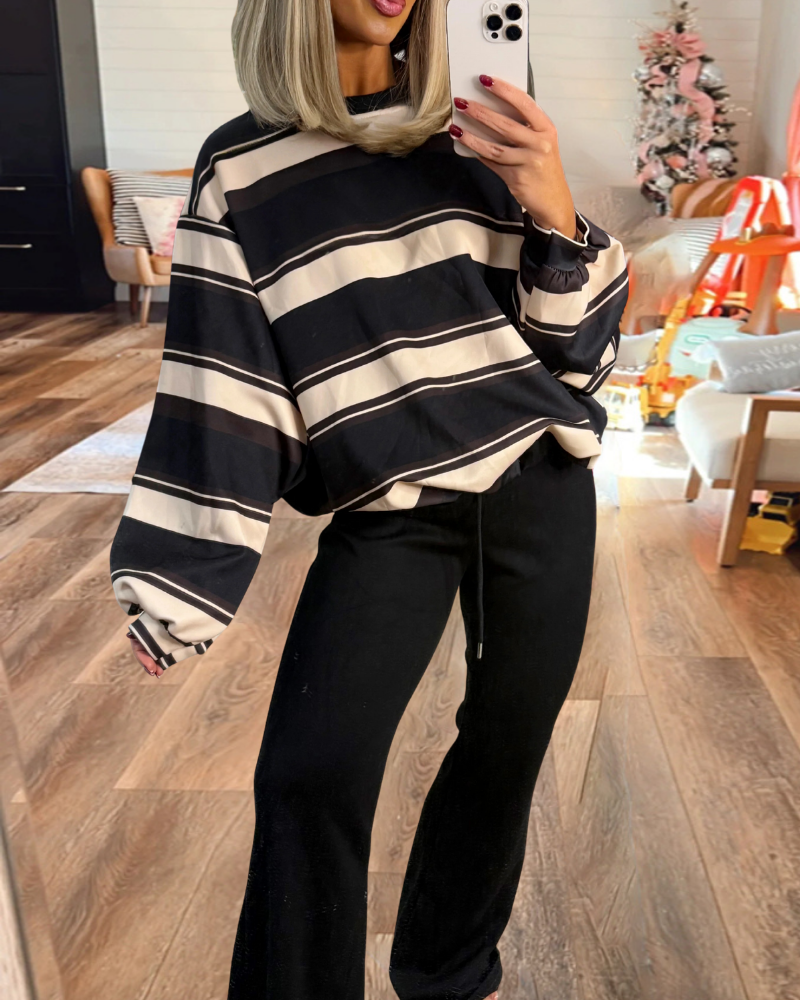 Chic Oversized Striped Crewneck Sweatshirt