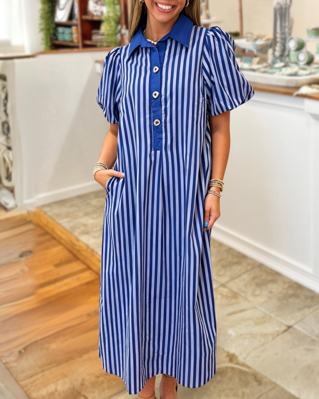 Stylish Puff Sleeves Striped Maxi Dress