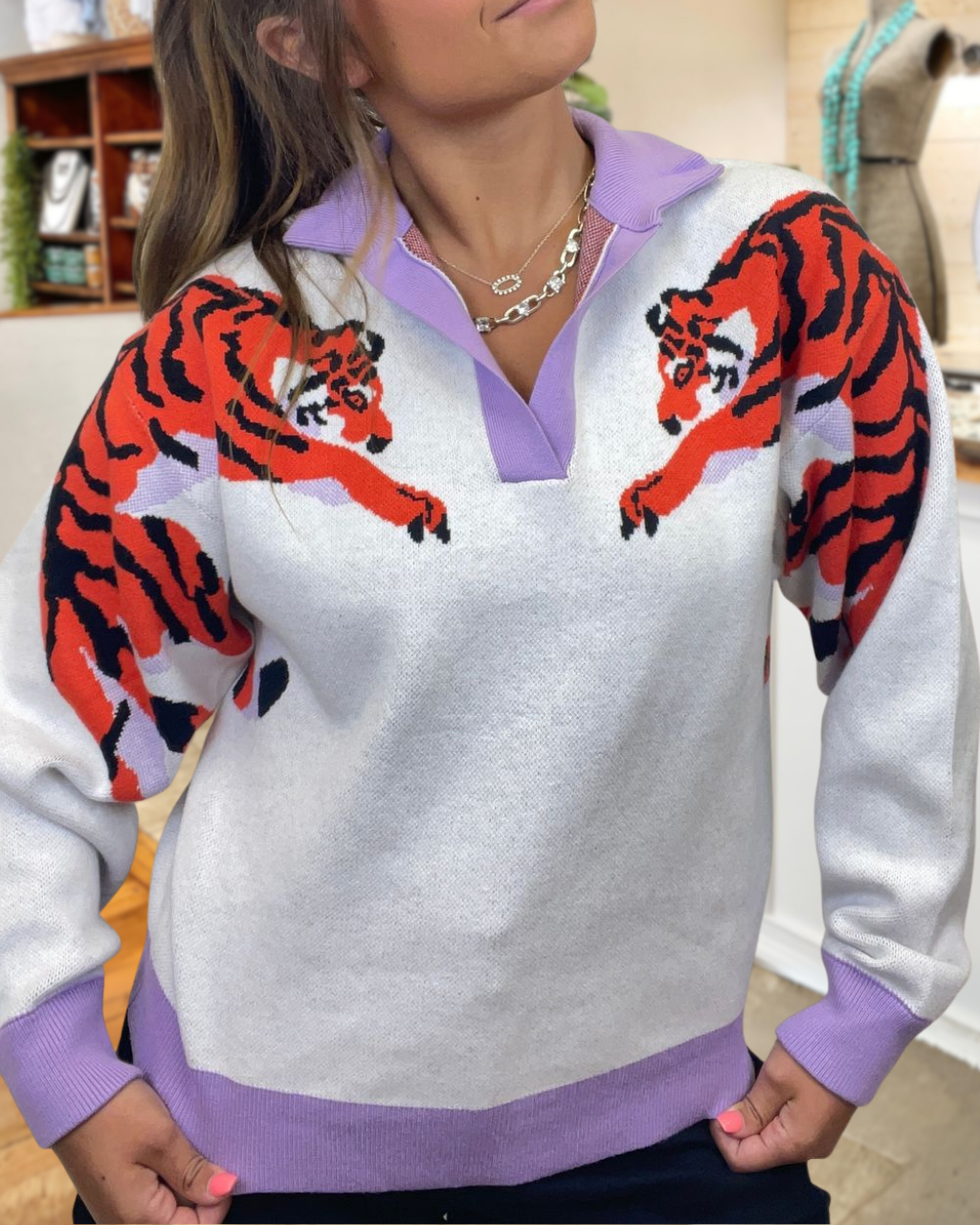 Tiger Embroidered Color-Blocked Top