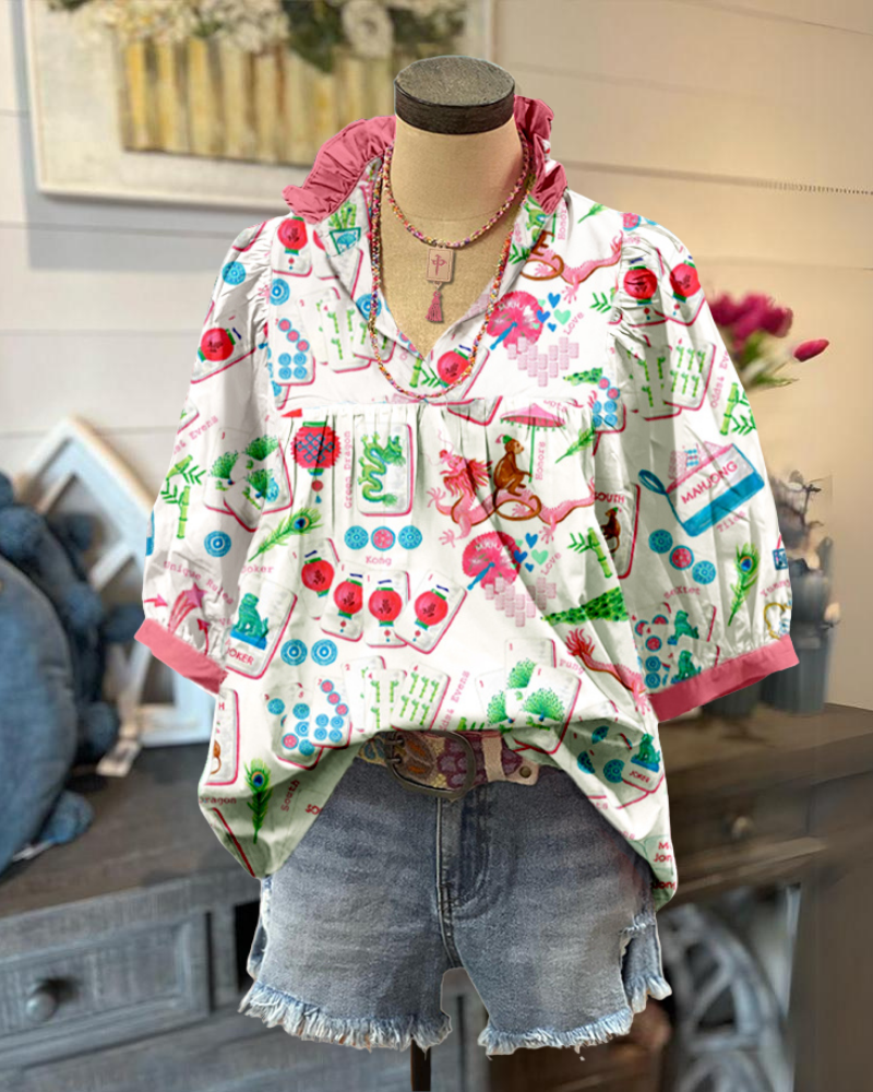 Mahjong Ruffled Satin Top