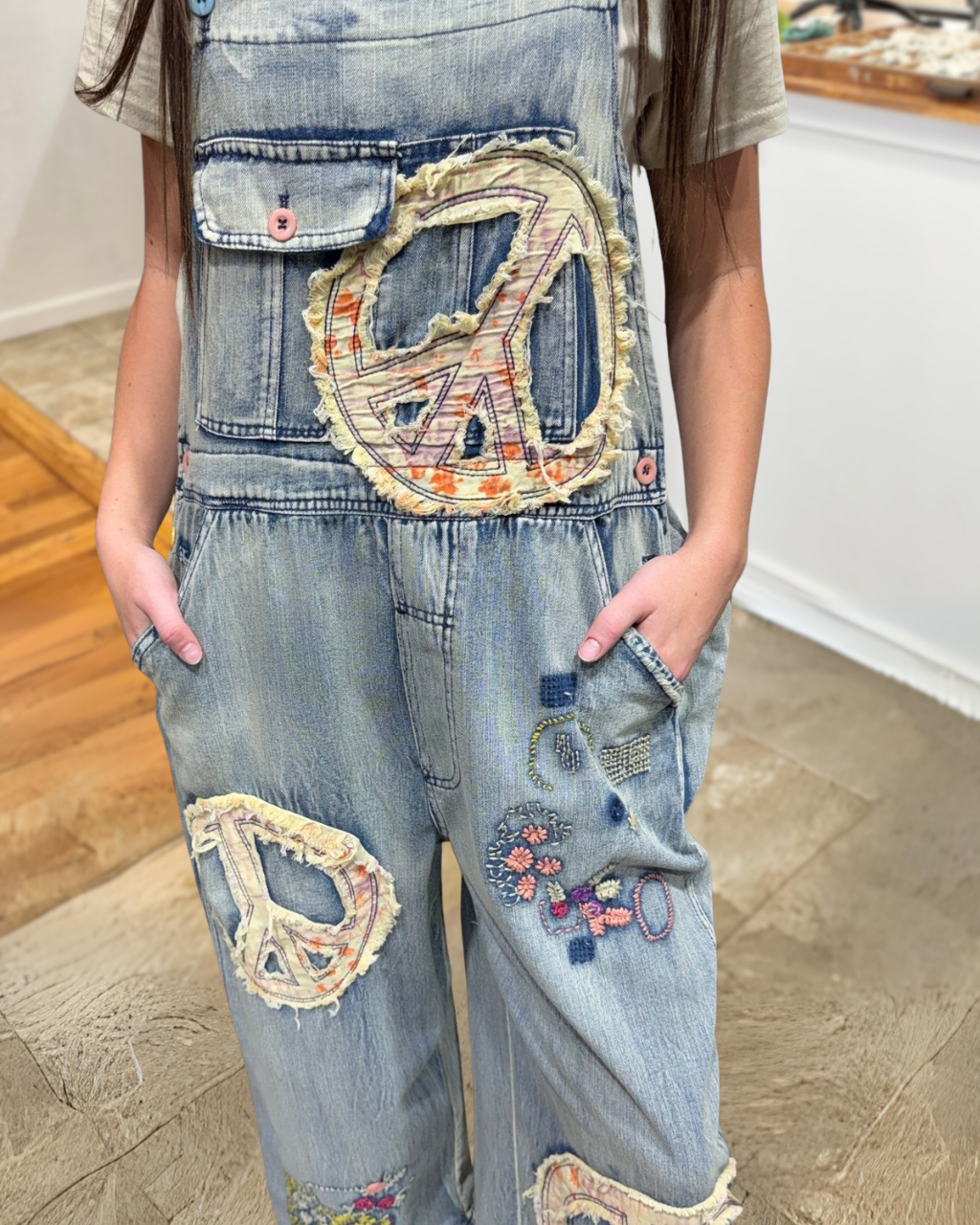 Peace Symbol Embroidered Denim Overalls