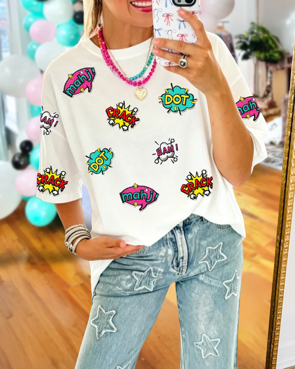 Mahjong-themed Slogan Embroidered Tee