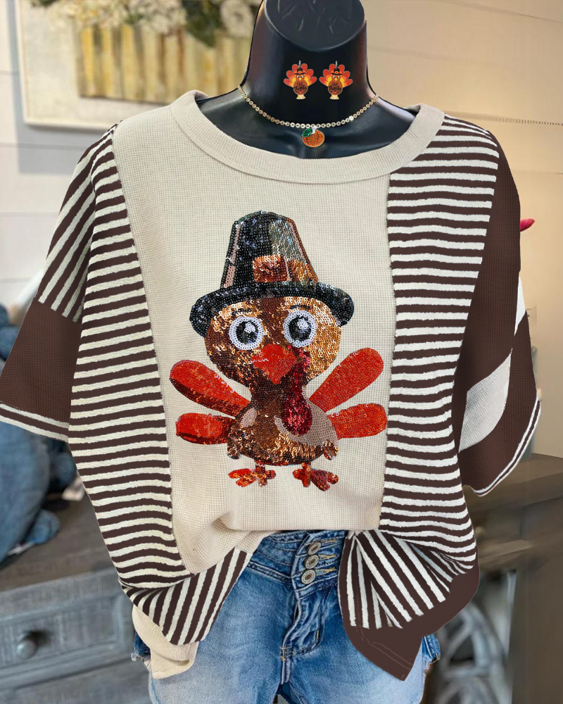 Playful Turkey Sequin Striped T-shirt