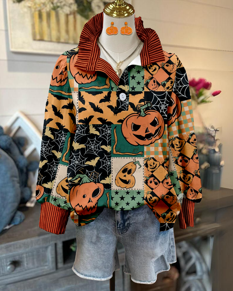 Playful Bat Pumpkin Ruffle Top