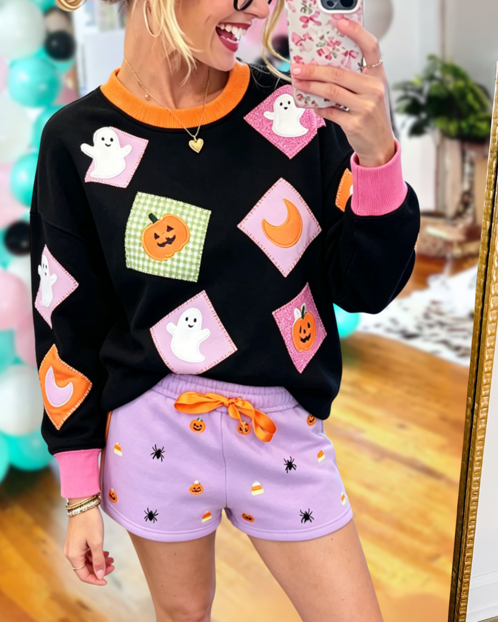 Ghost Pumpkin Embroidered Flocked Pullover