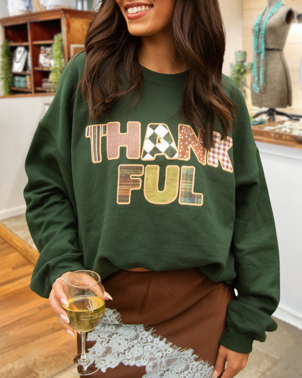 THANKFUL Letter Embroidered Plaid Pullover