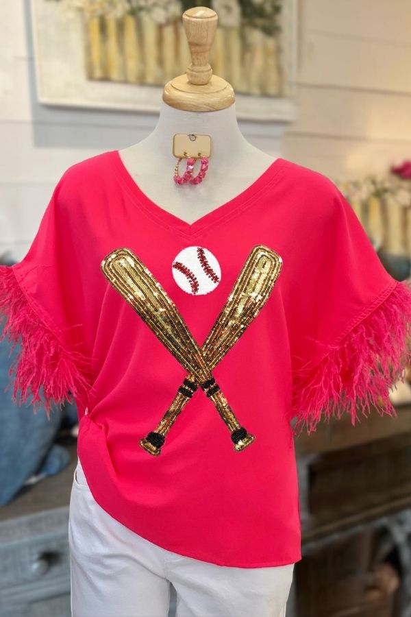 Baseball Sequin Feather Tee-Red