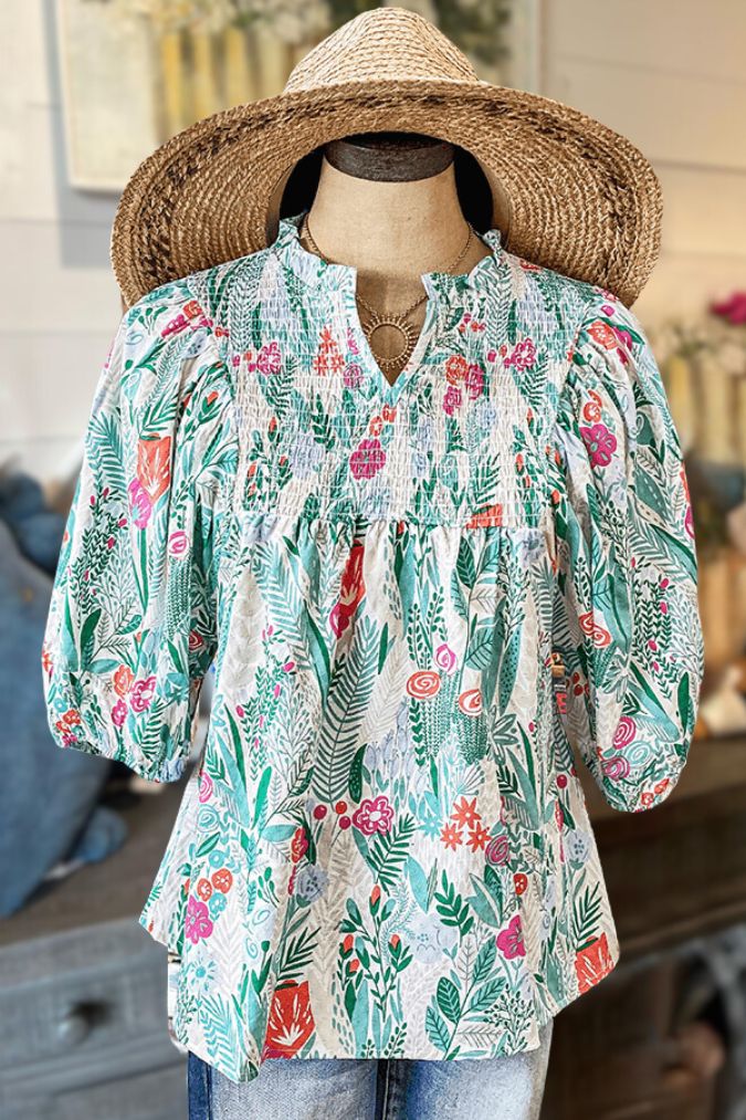 Cotton Ruffle Smocked V-Neck Blouse