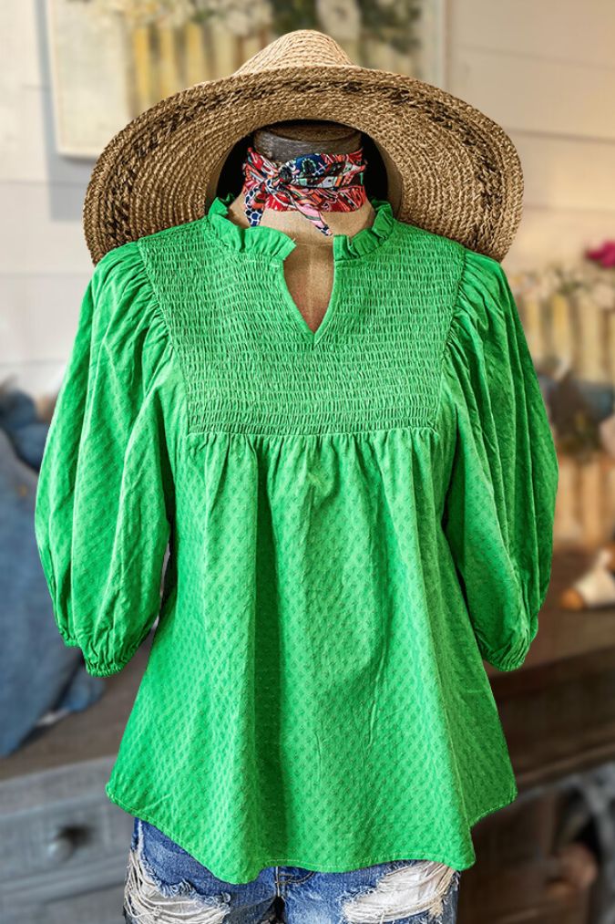Cotton Ruffle Smocked V-Neck Blouse