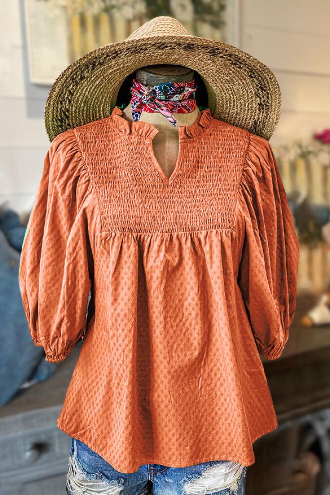 Cotton Ruffle Smocked V-Neck Blouse