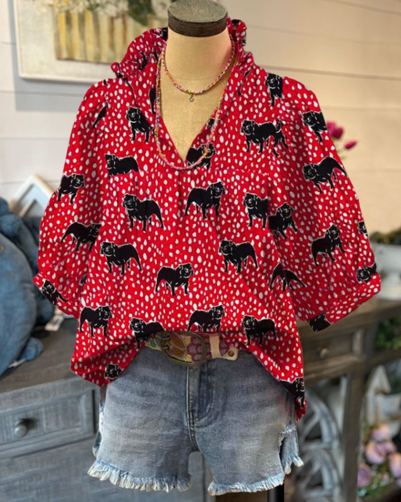 Dog+Polka Dot Print Top