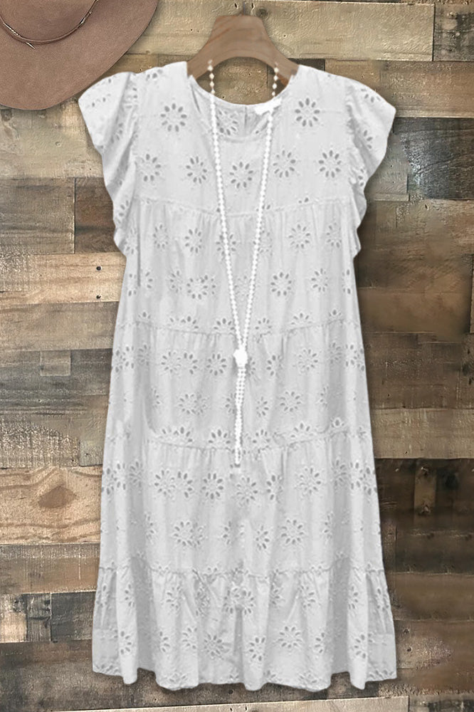 Elegant Ruffled Floral Embroidery Hollow Dress