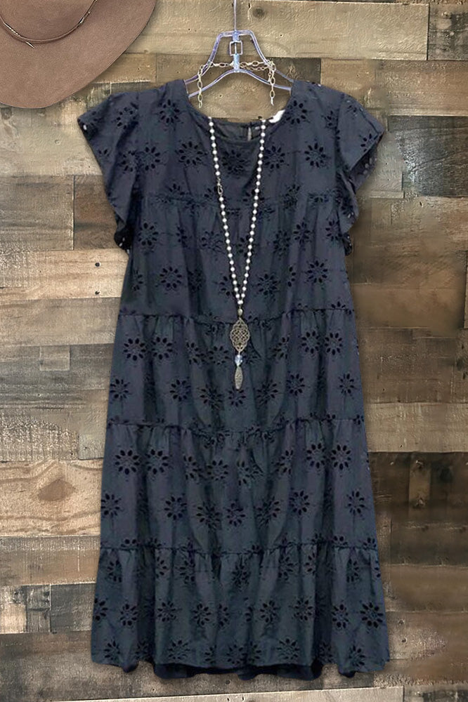 Elegant Ruffled Floral Embroidery Hollow Dress