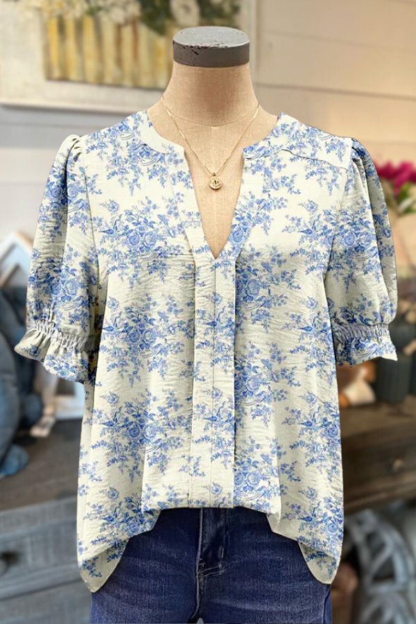 Floral Print Textured Puff Sleeve Top
