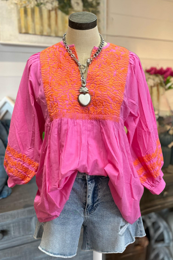 Pink + Orange Embroidered Top