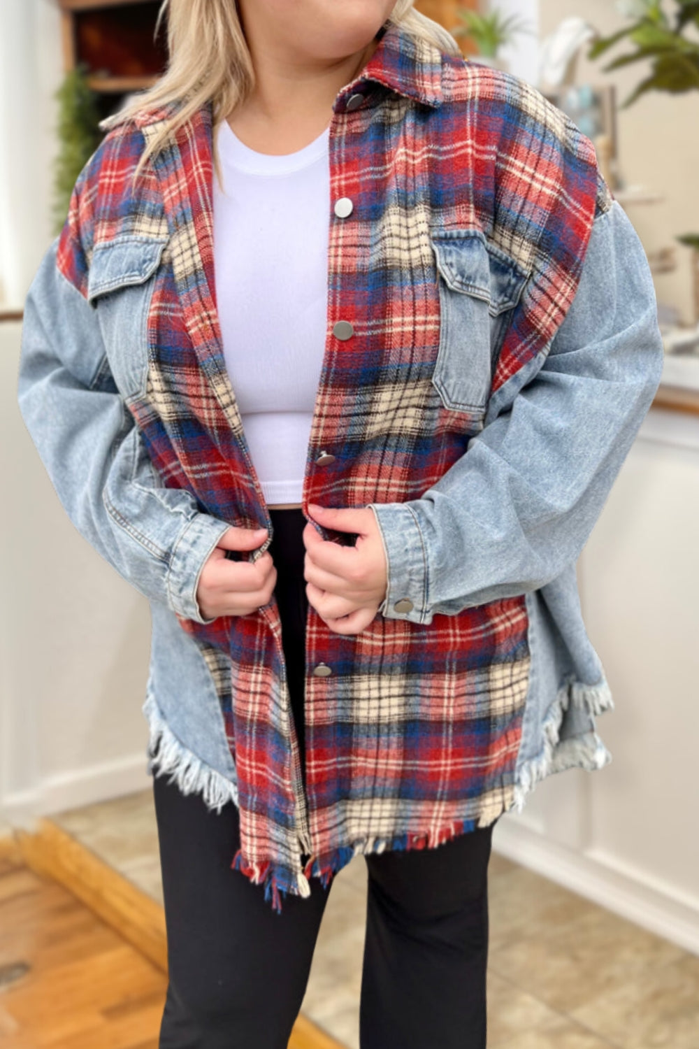 Denim&Plaid Patchwork Oversize Shacket
