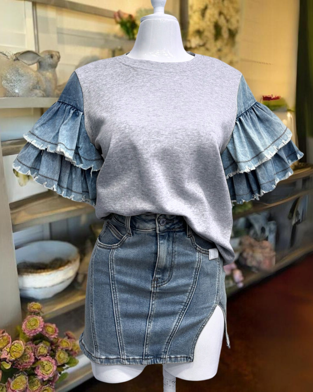 denim ruffle sleeve shirt