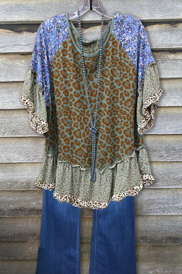 Leopard Floral  Ruffle Crewneck Top