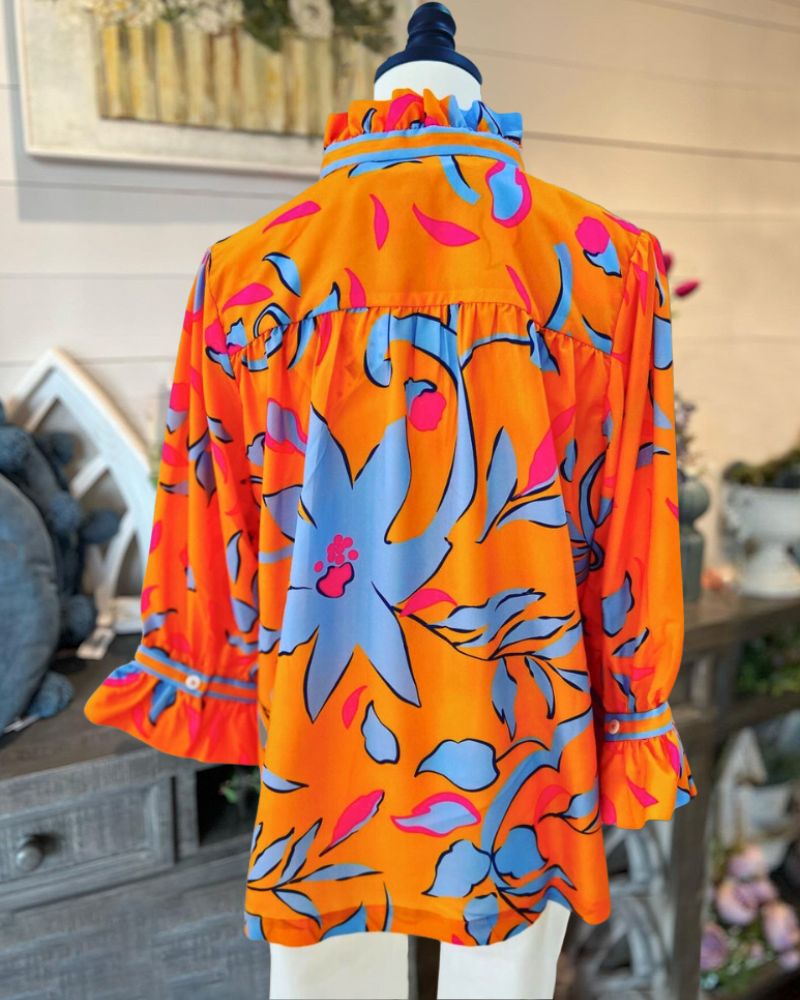 Orange Floral Ruffle Neck Top