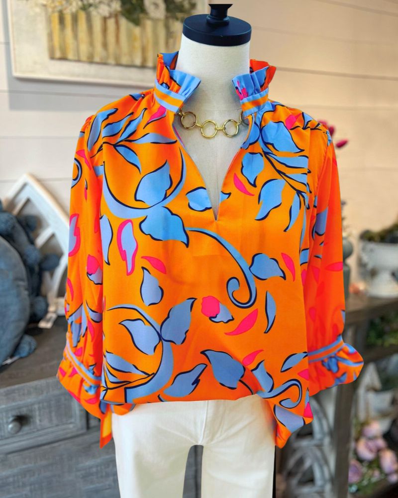 Orange Floral Ruffle Neck Top