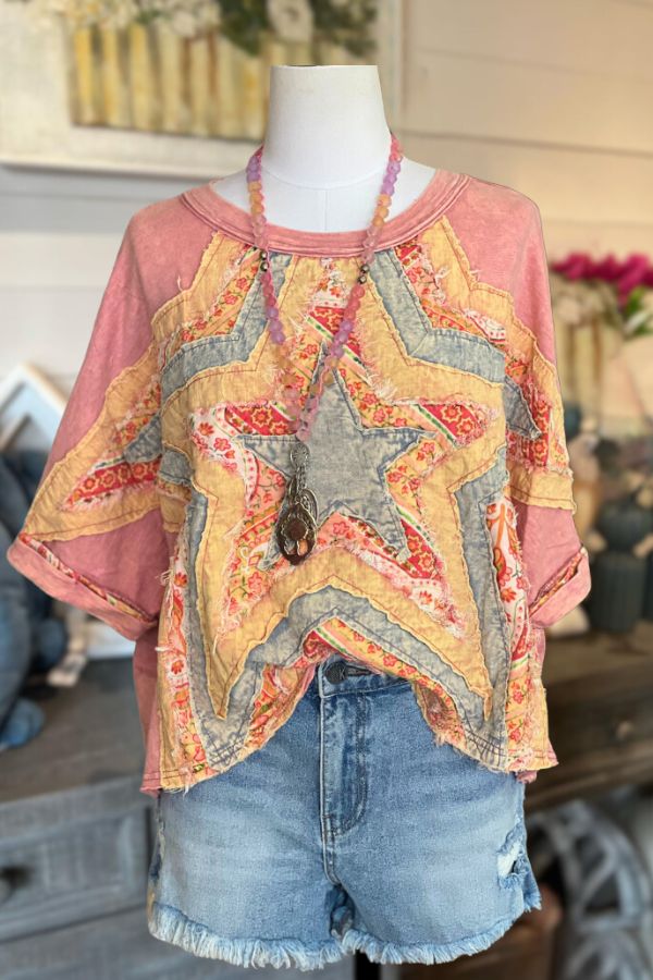 Patched Mixed Quilted Star Cotton T-Shirt