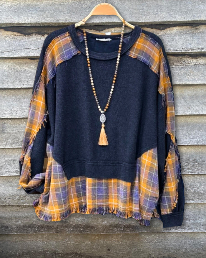 Patchwork Washed Plaid+Waffle Sweatshirt