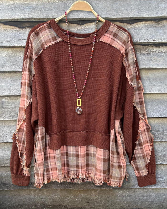 Patchwork Washed Plaid+Waffle Sweatshirt