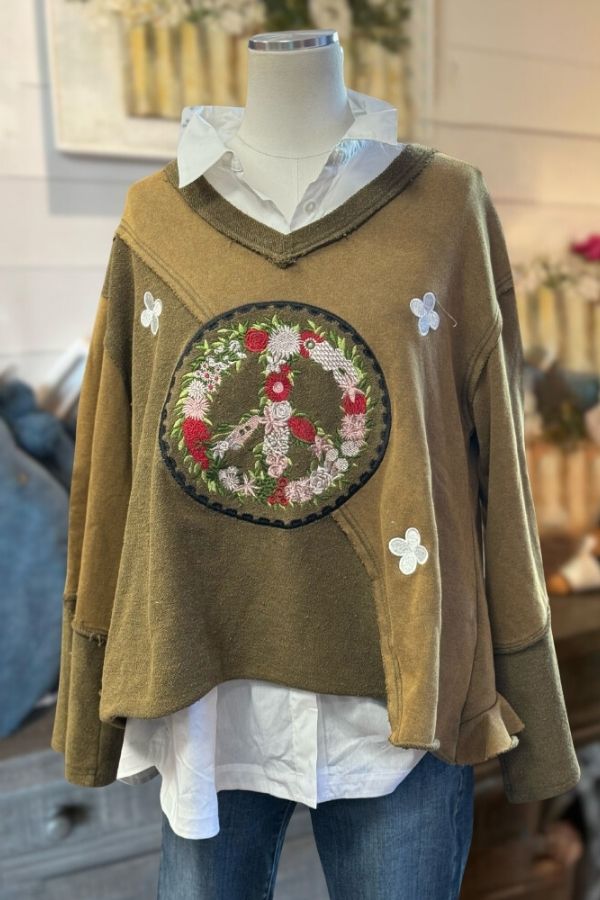 Peace & Flowers Embroidery Pullover