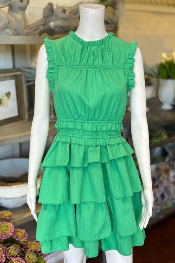 Pleated Tiered Ruffled Dress-Green