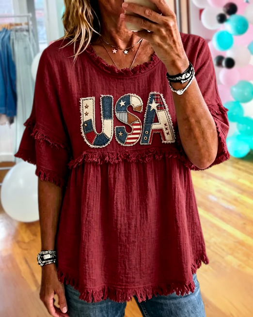 USA Embroidered Raw-Edge Top