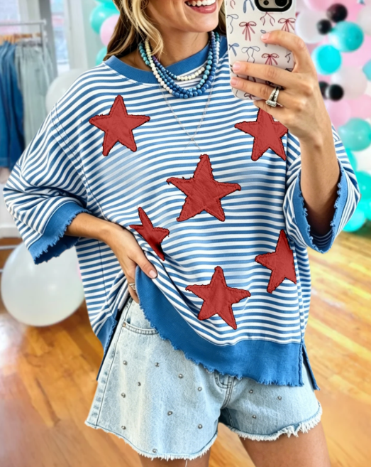 Star-embroidered Appliqué Striped Top