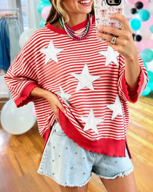 Star-embroidered Appliqué Striped Top