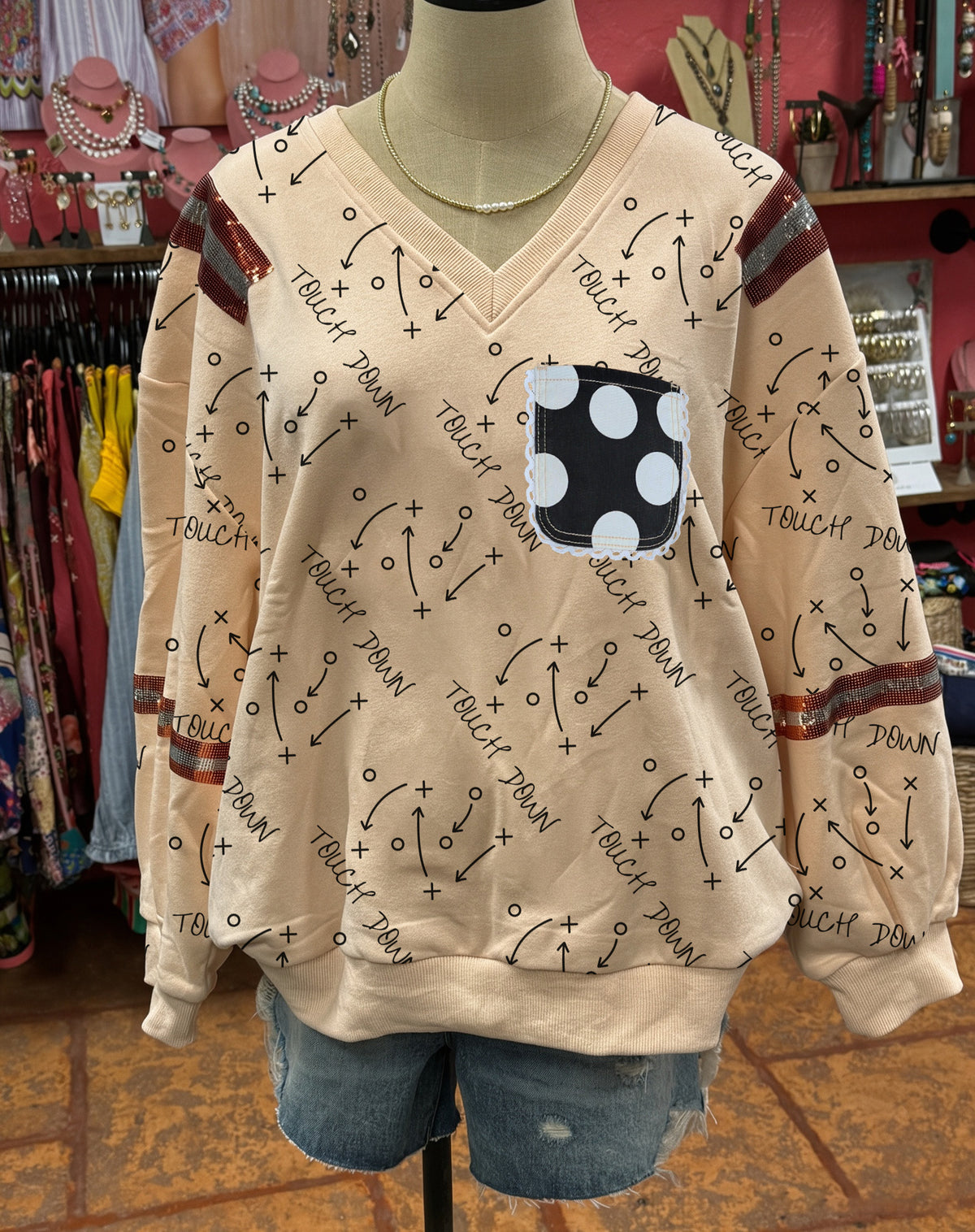 Touchdown Striped Sequin-Patch Pullover