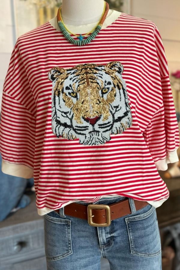 Tiger Sequins Striped Tee