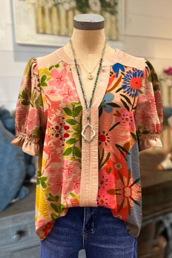 Wrinkle Floral Print Ruffle Sleeve V-Neck Top