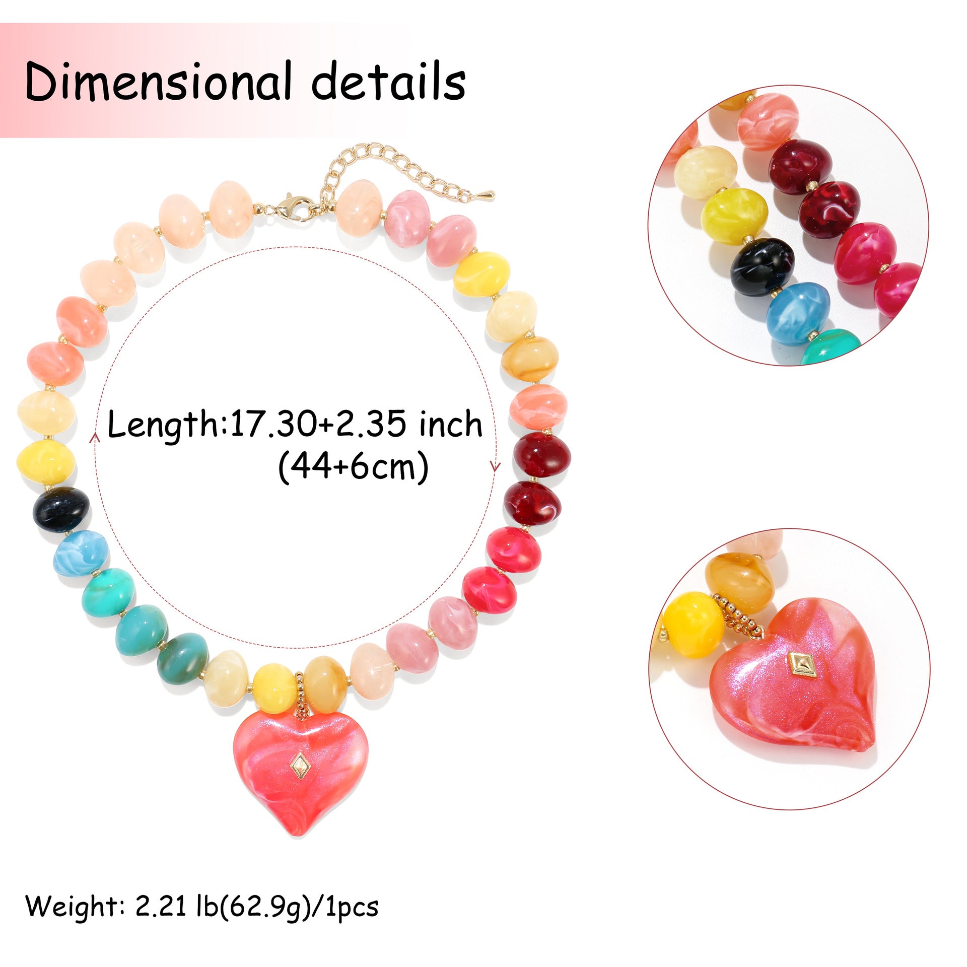 Rainbow Resin Heart Pendant Necklace