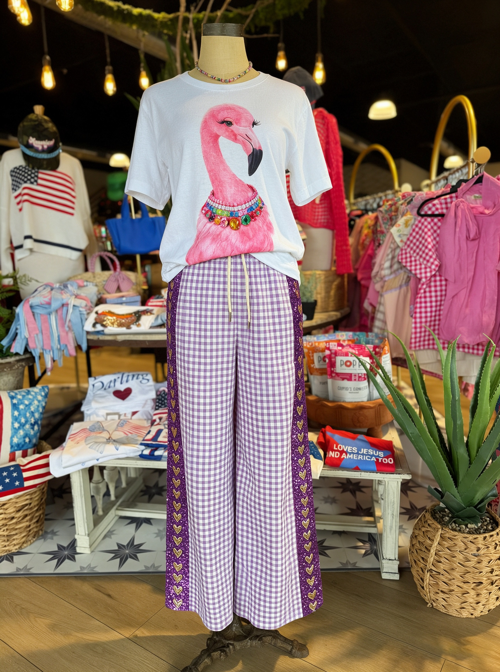 Heart Sequined Plaid Pants