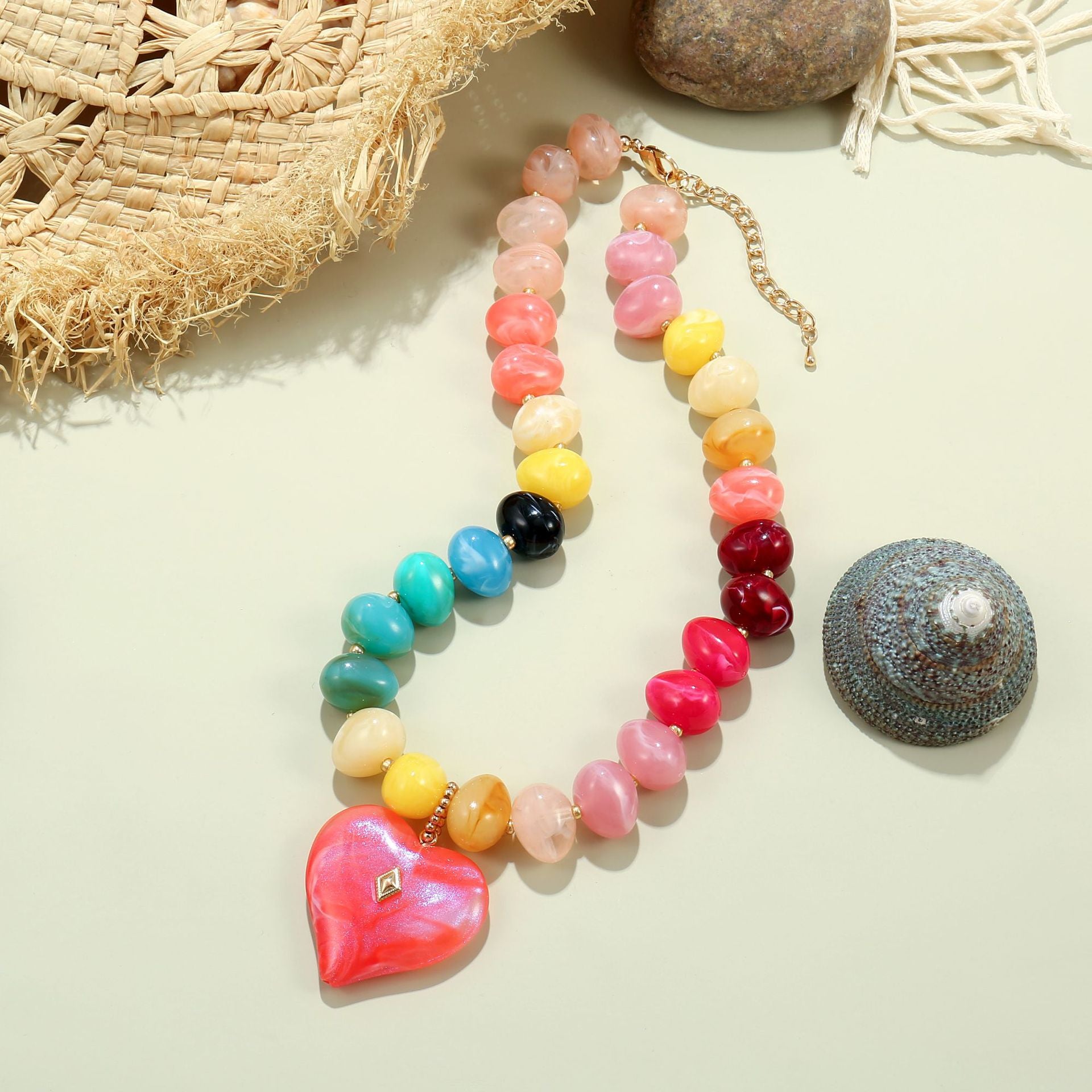 Rainbow Resin Heart Pendant Necklace