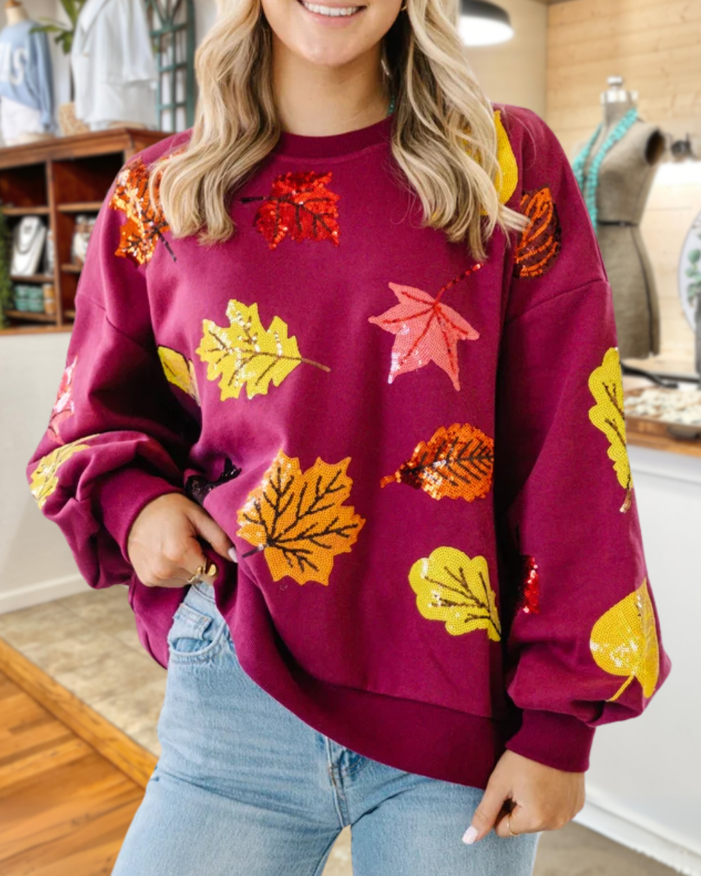 Maple Leaf Sequin Crew-Neck Sweatshirt